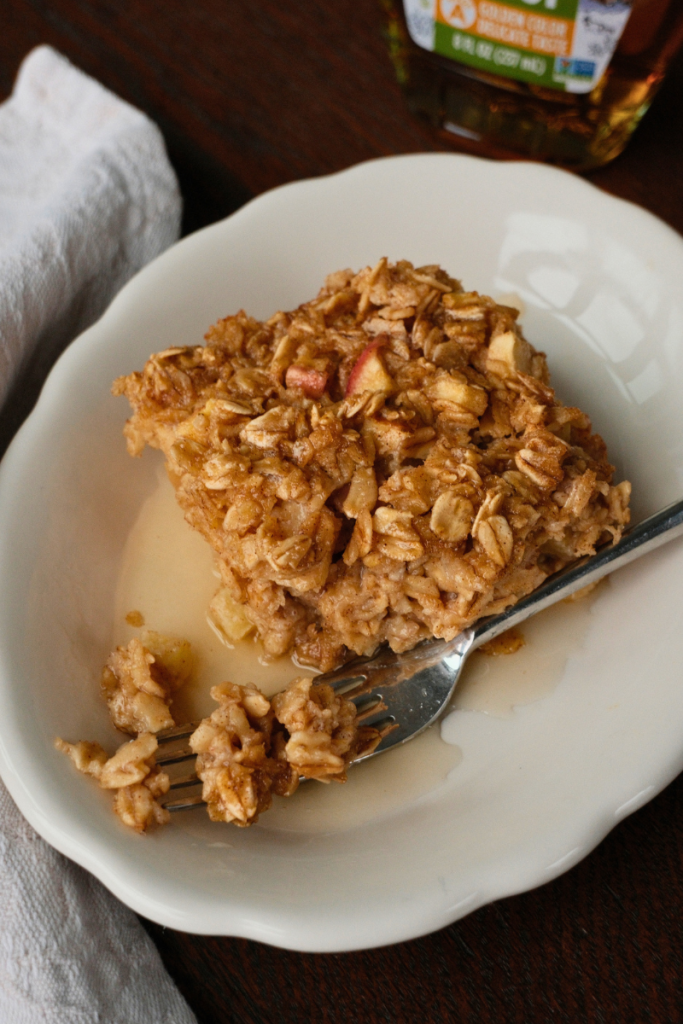 A slice of baked maple brown sugar oatmeal