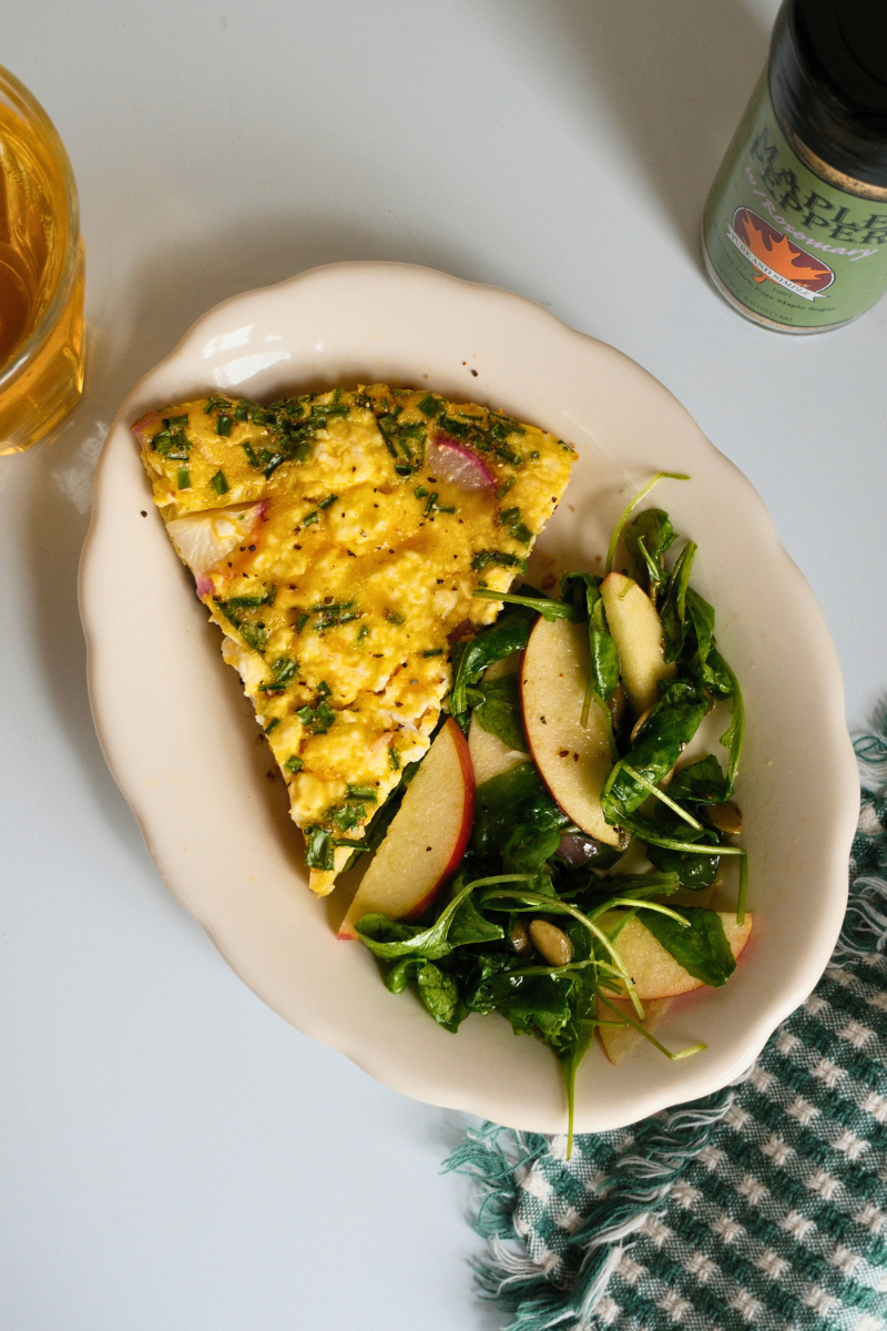 Spring onion and radish frittata served with salad