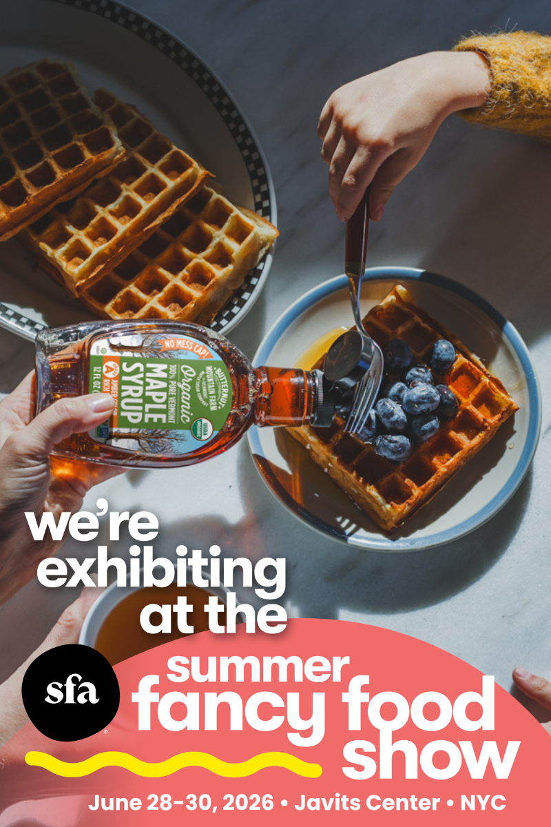 fancy food show blog cover with maple syrup pouring over waffles