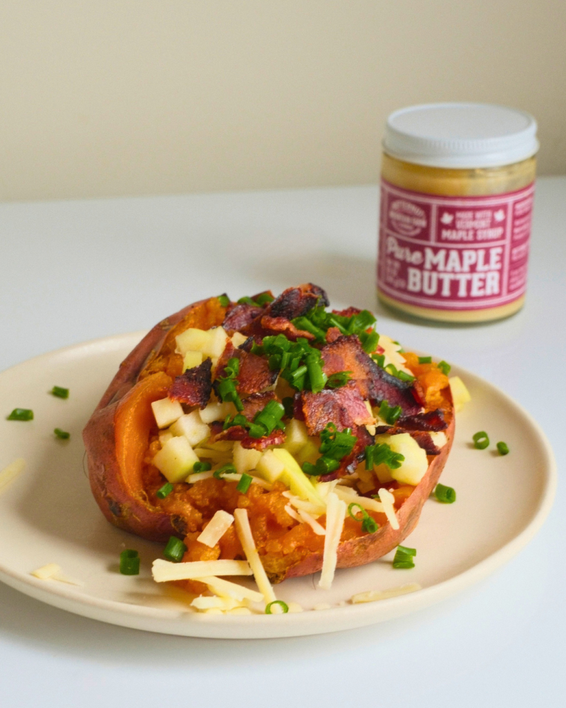 Loaded baked sweet potato with pure maple