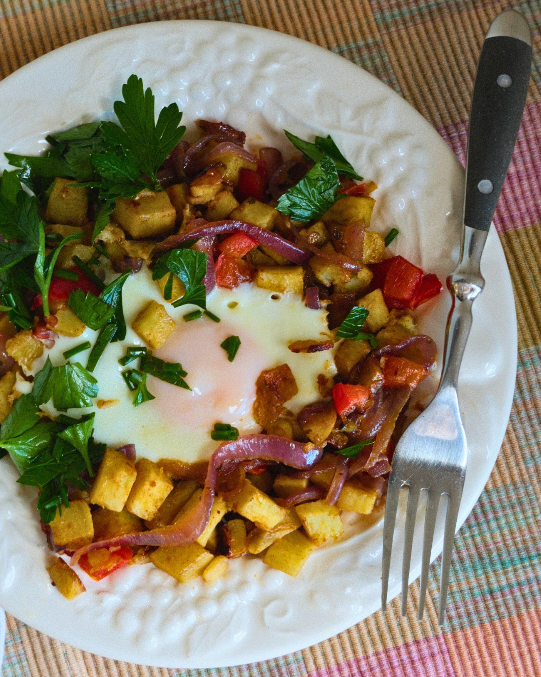 Harissa Vegetable Hash with Maple Egg